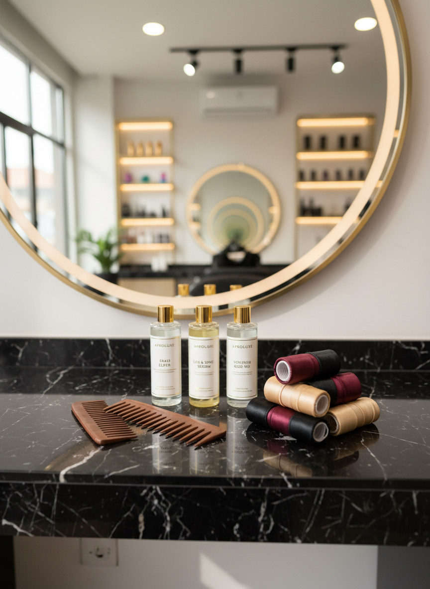 A meticulously organized styling station in a high-end Afro hair salon, featuring a glossy black marble countertop with a single, luxurious display of premium hair care products for braids and sister locks. Elegant glass bottles with minimalist gold and white labels stand beside sleek wooden combs and satin-wrapped rollers. In the mirror’s reflection, only abstract shapes of salon chairs and backlit shelving are visible, no people. Soft, diffused daylight from an unseen window and subtle warm overhead spotlights create a sophisticated glow, adding delicate reflections on the marble. Photographic realism, shot at eye level with a shallow depth of field, emphasizes the refined, modern atmosphere of Eldoret’s finest salon.